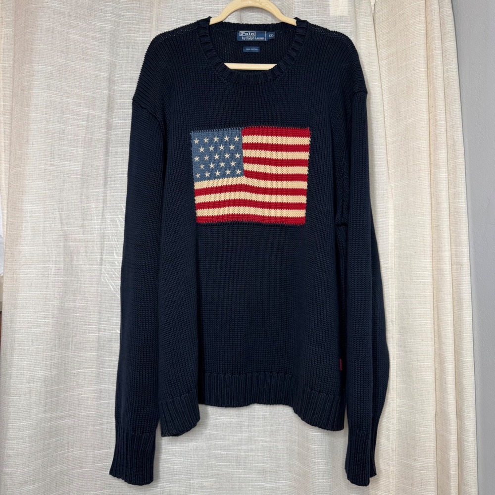 Polo Ralph Lauren American Flag Sweater 100% Cotton Knit Navy Blue Men's XXL